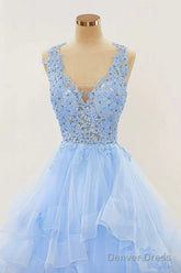 A-Line Long Layers Lace Prom Dresses Light Blue Beaded Appliques